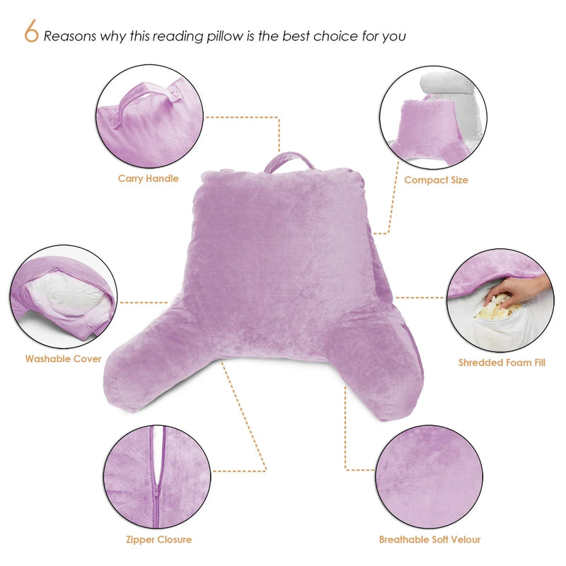 Bedrest Reading Pillow with Arms and Pockets-Shredded Memory Foam, Medium, Light Purple