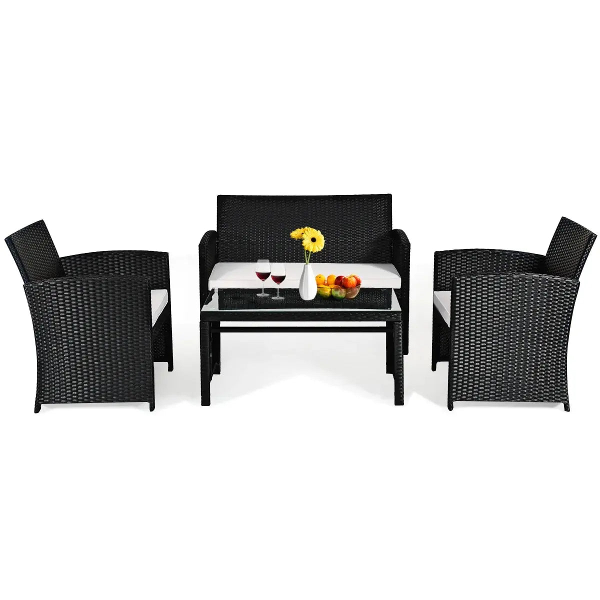 4PCS Patio Rattan Furniture Set Table &Sofa W/Cushion Garden Black