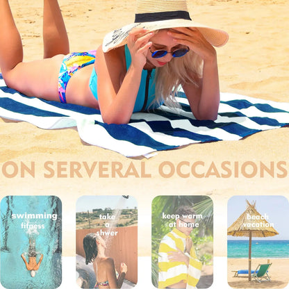 4-Pack Cotton Oversized 35"X70" Cabana Stripe Beach Towels, Super Absorbent Soft Plush Pool Towel, Bath Towel (Dark Navy)