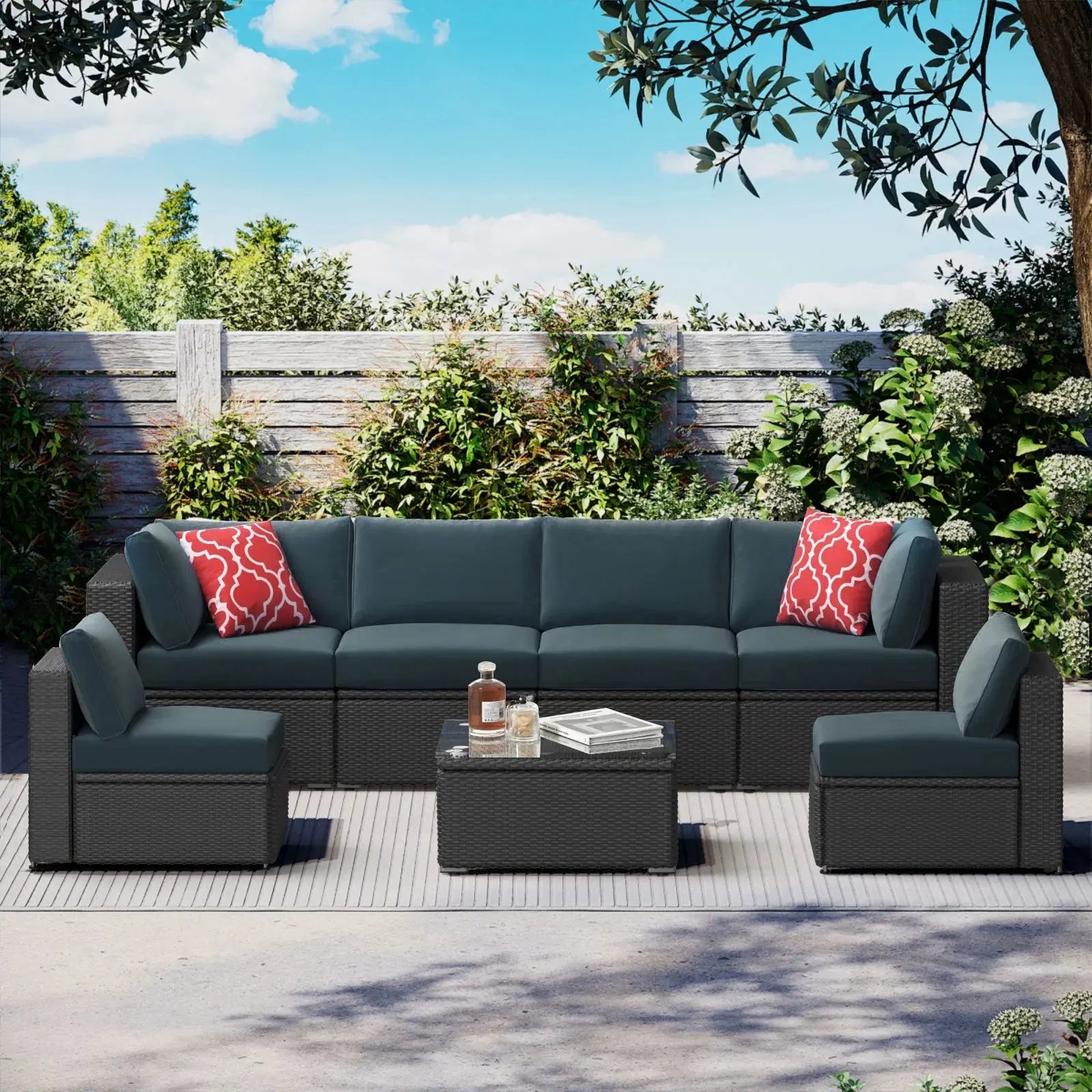 7 Piece Patio Furniture Sets Outdoor Sectional PE Rattan Outdoor Furniture Patio Conversation Set with Cushions and Glass Coffee Table, for Balcony Lawn and Garden, Dark Gray