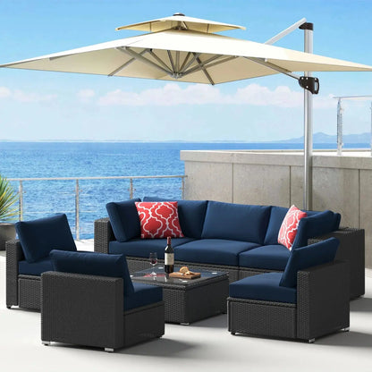 7 Piece Patio Furniture Sets Outdoor Sectional PE Rattan Outdoor Furniture Patio Conversation Set with Cushions and Glass Coffee Table, for Balcony Lawn and Garden, Gray