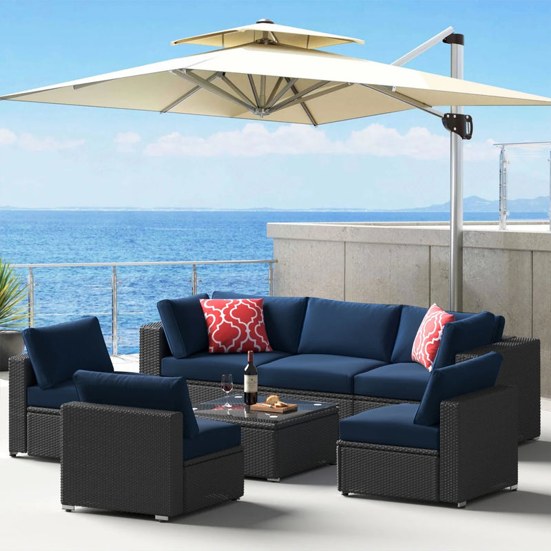 7 Piece Patio Furniture Sets Outdoor Sectional PE Rattan Outdoor Furniture Patio Conversation Set with Cushions and Glass Coffee Table, for Balcony Lawn and Garden, Gray