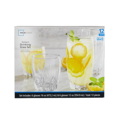 (3 Pack)  12 Piece Radiant Drinking Glasses Set, 16 Oz & 12 Oz Clear Glasses