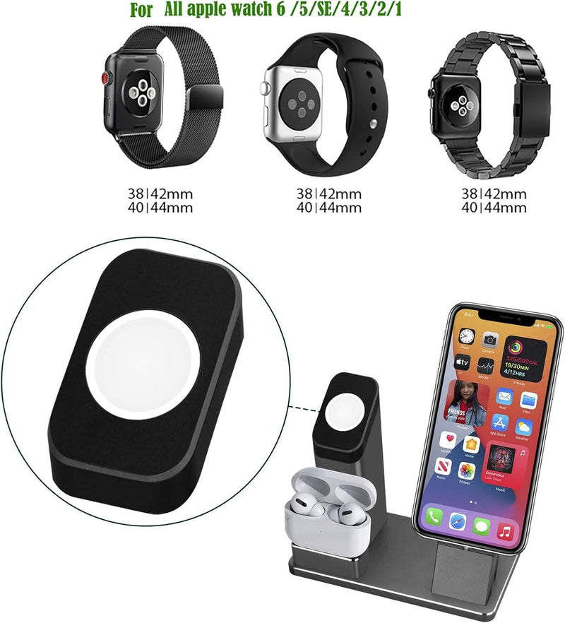 Aluminum Alloy 3-in-1 Charging Stand for Apple Watch Series 2-7, AirPods Pro, and iPhone 6-13 (Gray)