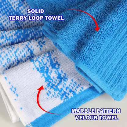 Cotton Marble Jacquard Border Bath Towel (Set of 4), Blue