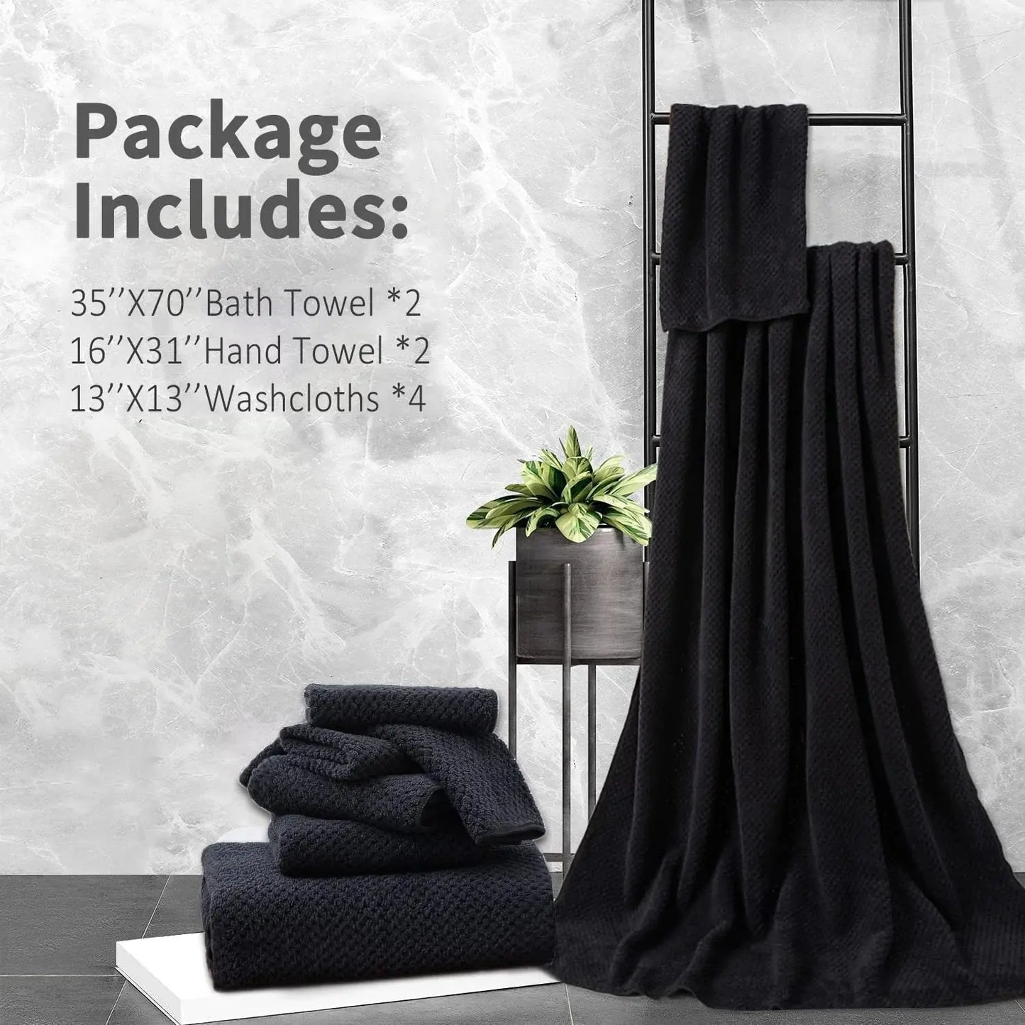 8 Piece Towel Set Oversized Soft Cozy Towels 600 GSM Black Plush Towel Set