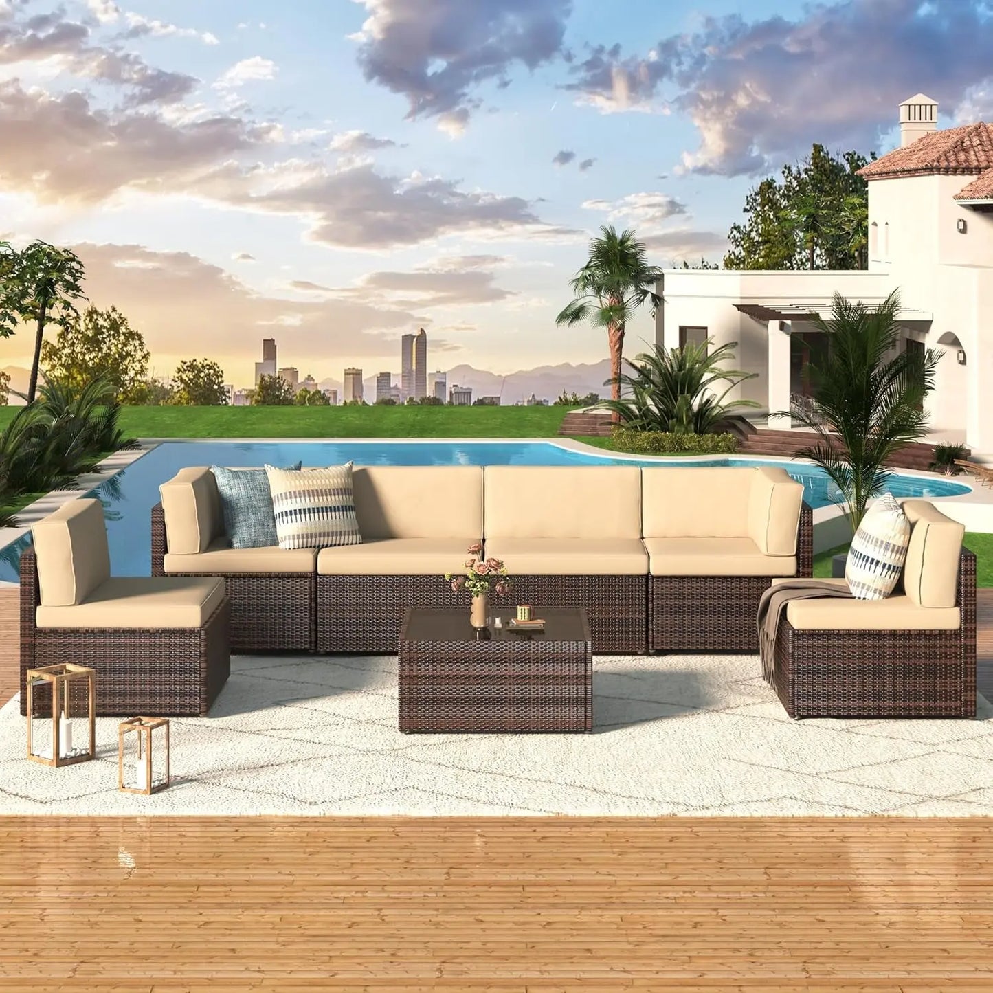 7-Piece Outdoor Patio Furniture Set with PE Rattan Wicker Sofa, Cushions, and Tea Table in Brown