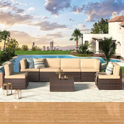 7-Piece Outdoor Patio Furniture Set with PE Rattan Wicker Sofa, Cushions, and Tea Table in Brown
