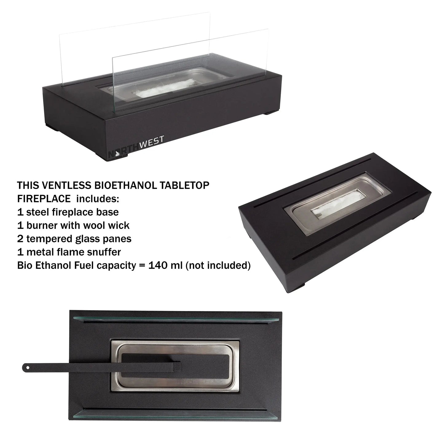 Bio Ethanol Rectangular Portable Firepit - Indoor or Outdoor Ventless Tabletop Firepit with 360-View (Black)