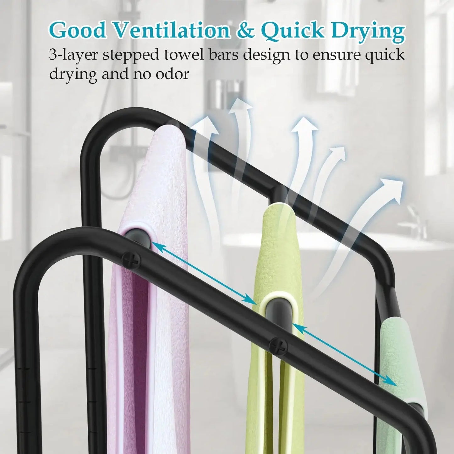 Metal 3 Tiers Free-Standing Towel Rack, Adjustable Bathroom Storage Organizer Shelf, Bath Towel Standing Shelf for Swimming Pool, Black