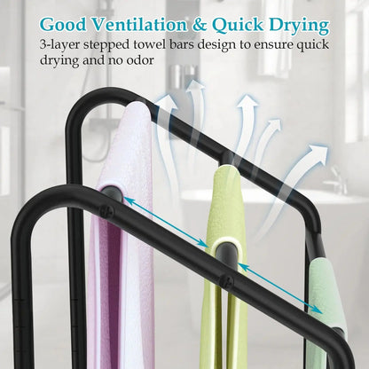 Metal 3 Tiers Free-Standing Towel Rack, Adjustable Bathroom Storage Organizer Shelf, Bath Towel Standing Shelf for Swimming Pool, Black