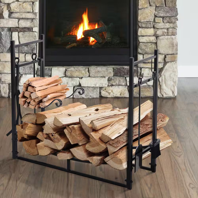 33 In. L Wrought Iron Indoor Outdoor Fireplace Tool Set Log Rack Holder with Fireplace Tools