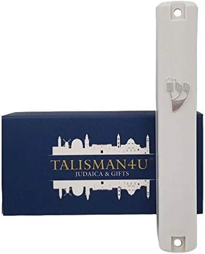 Waterproof White Mezuzah Case with Scroll Classic Judaica Israel Plastic Door Mezuza Silver Shin (4 Inches - 10 Cm)