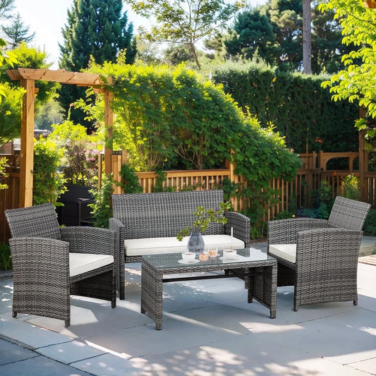 4-Piece Patio Rattan Furniture Set with Cushions & Tempered Glass Tabletop, White