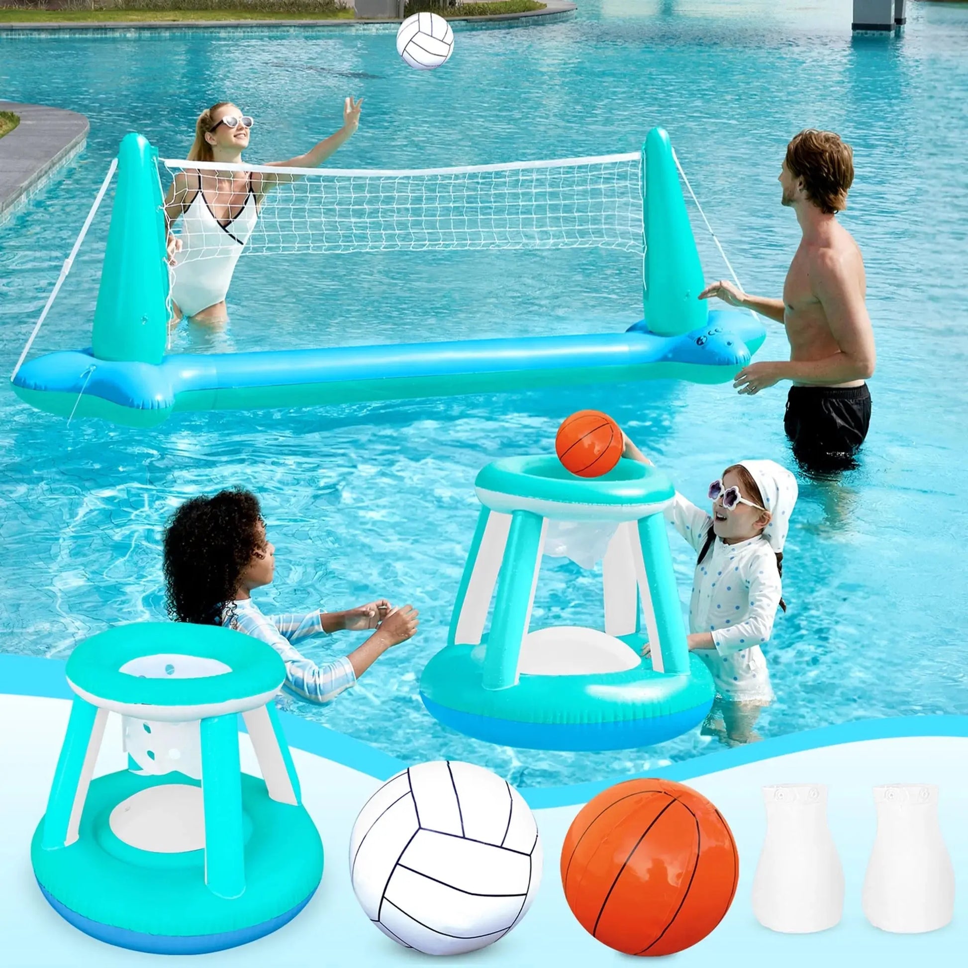 Inflatable Pool Float Game Set with Inflatable Volleyball Net & Basketball Hoops, Summer Pool Game for Kids and Adults