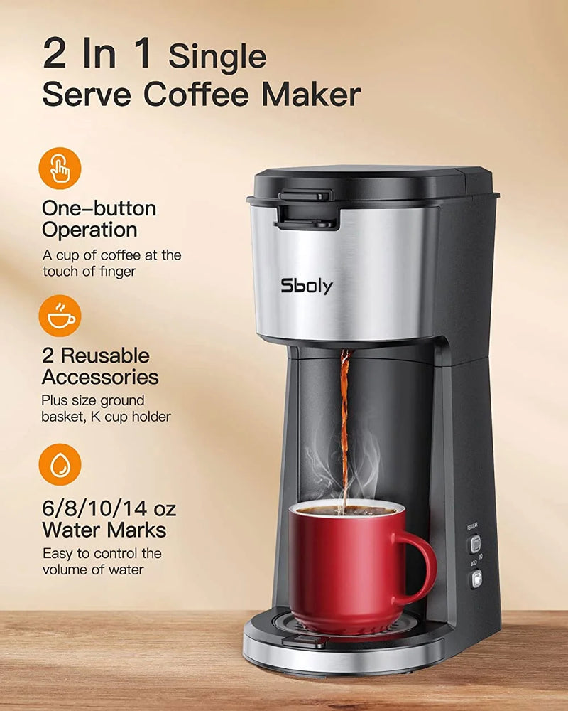 Single Serve Coffee Maker for K Cup & Ground Coffee, Coffee Maker with Bold Brew, 6 to 14 Oz Fits Travel Mug, Classic Black