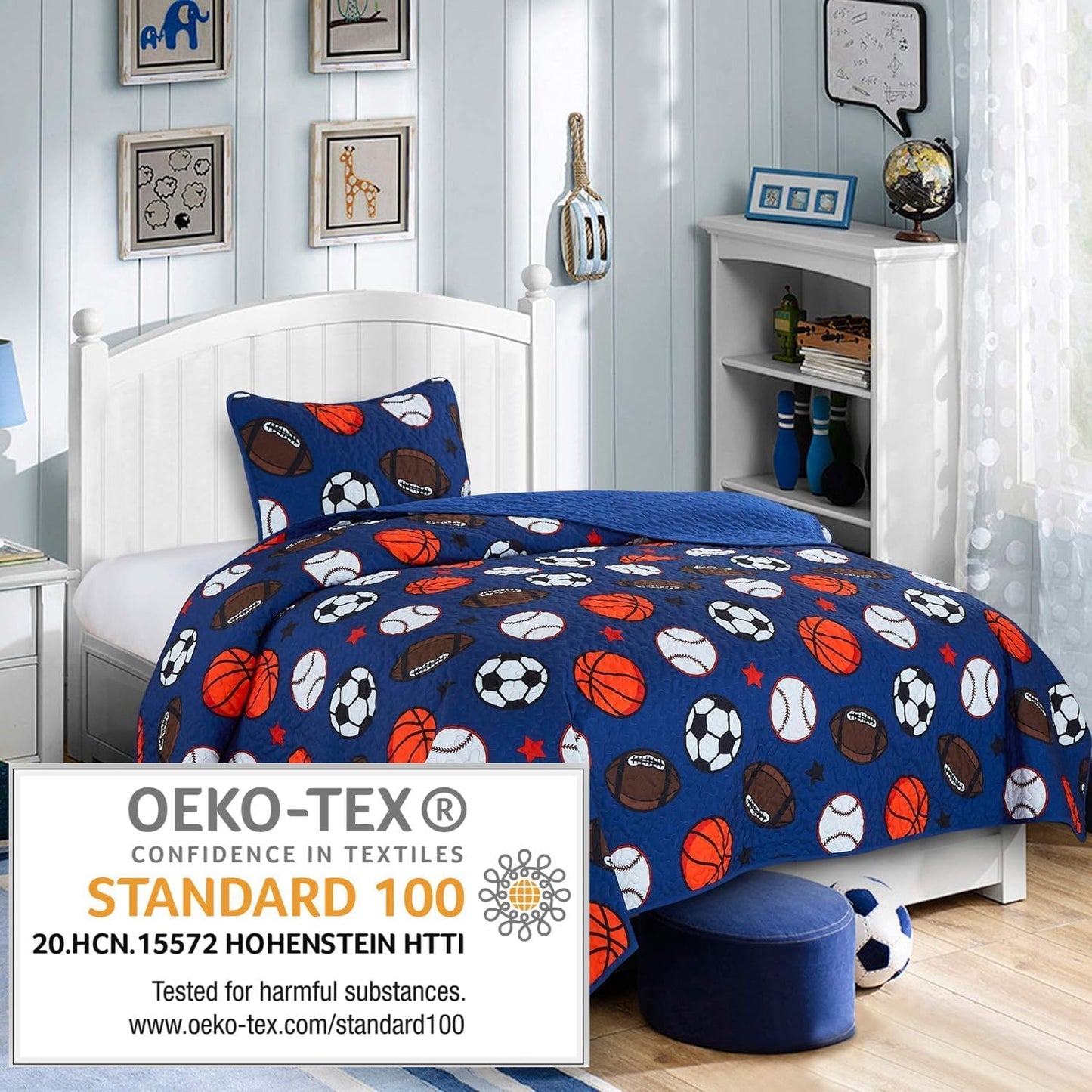 Blue Twin Quilt Set, Football Baseball Print Quilt Set Basketball Sports Soccer Fan Theme Bedspread for Twin Bed Quilted with Pillow Sham(Football, Twin)