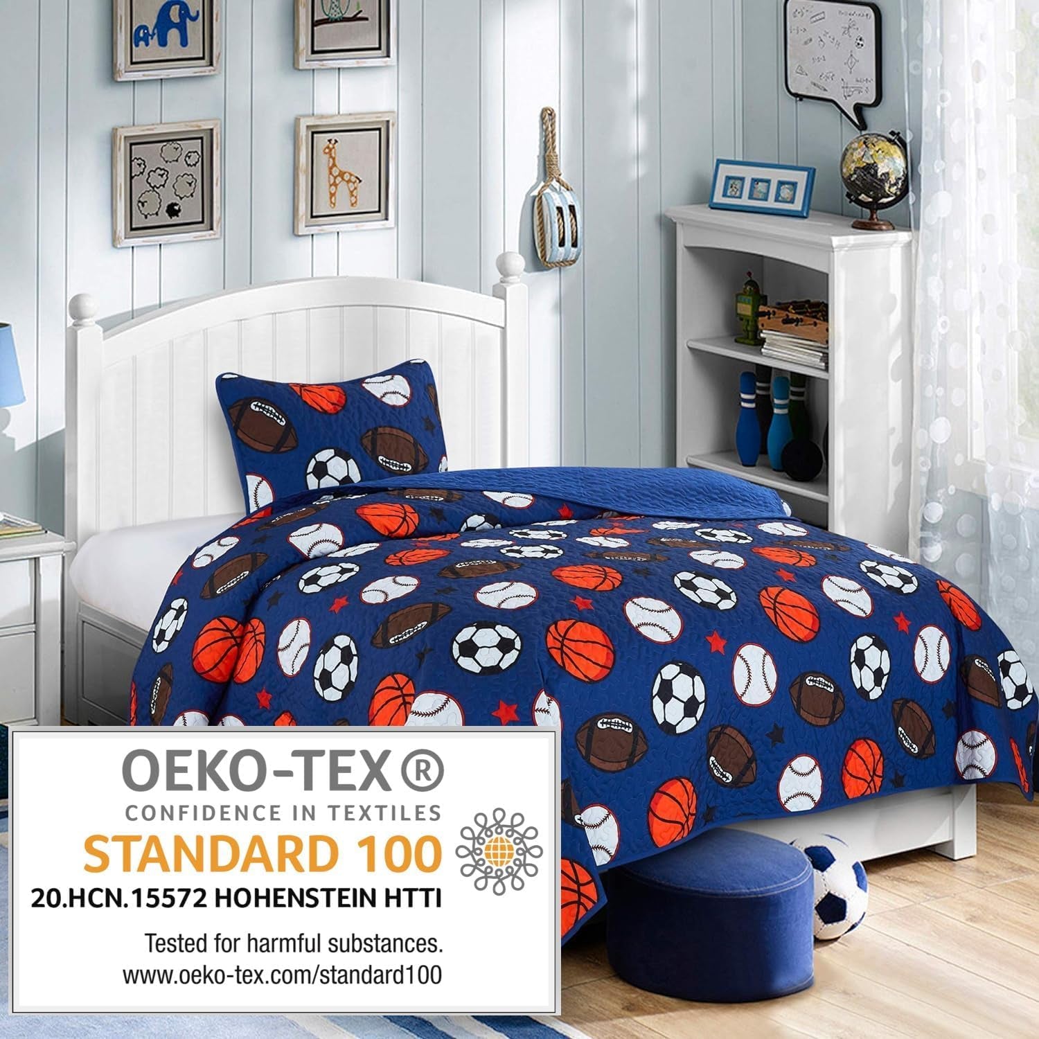 Blue Twin Quilt Set, Football Baseball Print Quilt Set Basketball Sports Soccer Fan Theme Bedspread for Twin Bed Quilted with Pillow Sham(Football, Twin)