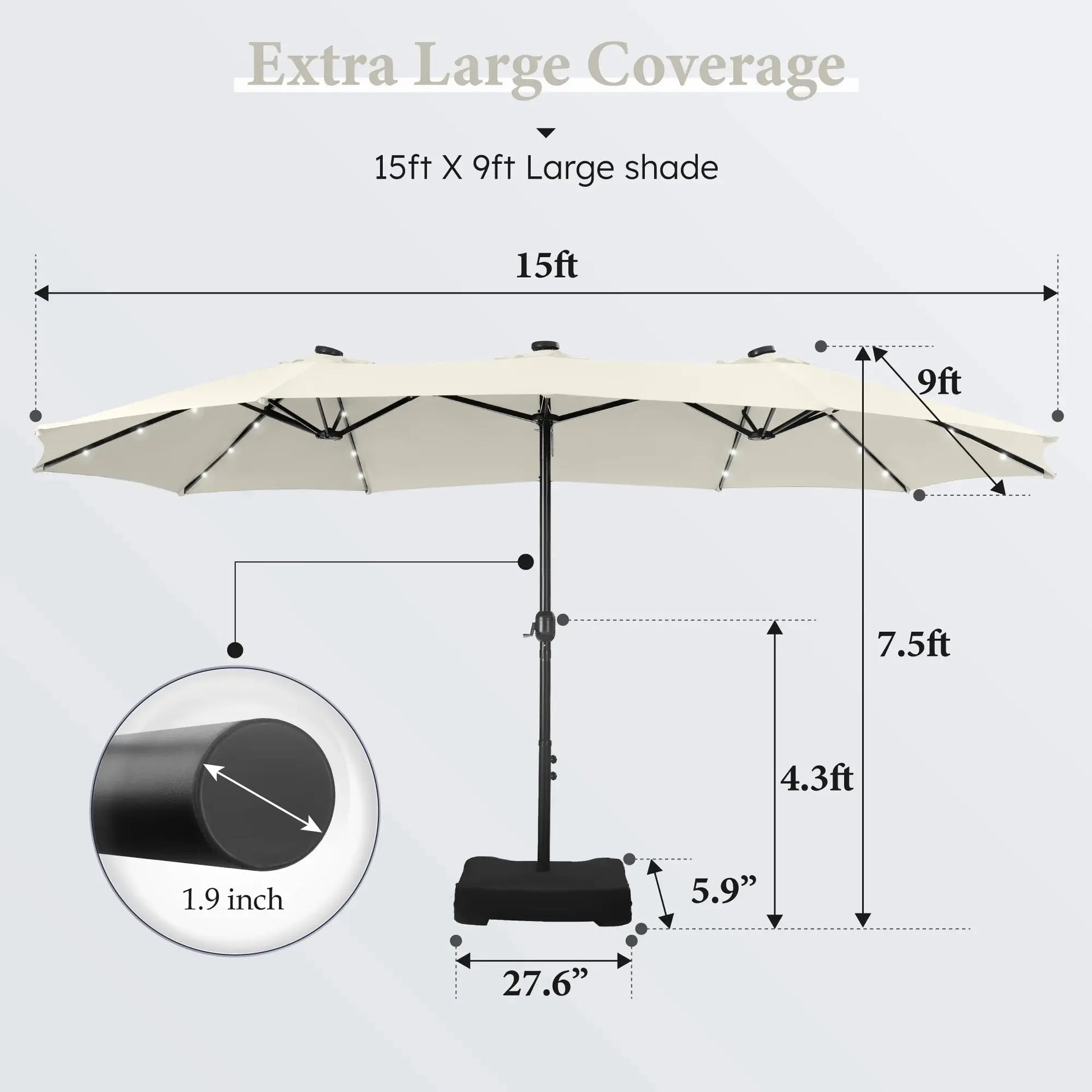 15Ft Double-Sided Solar Patio Umbrella with Base (Included) Large Outdoor Umbrella with Solar Lights - Ivory