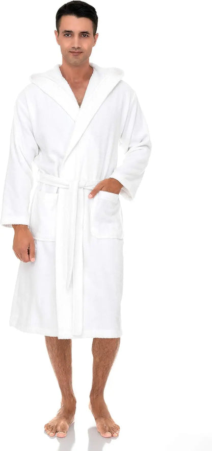 Mens Hooded Robe 100% Cotton Terry Cloth Towel Bathrobe Soft Shower Bath Robes for Men