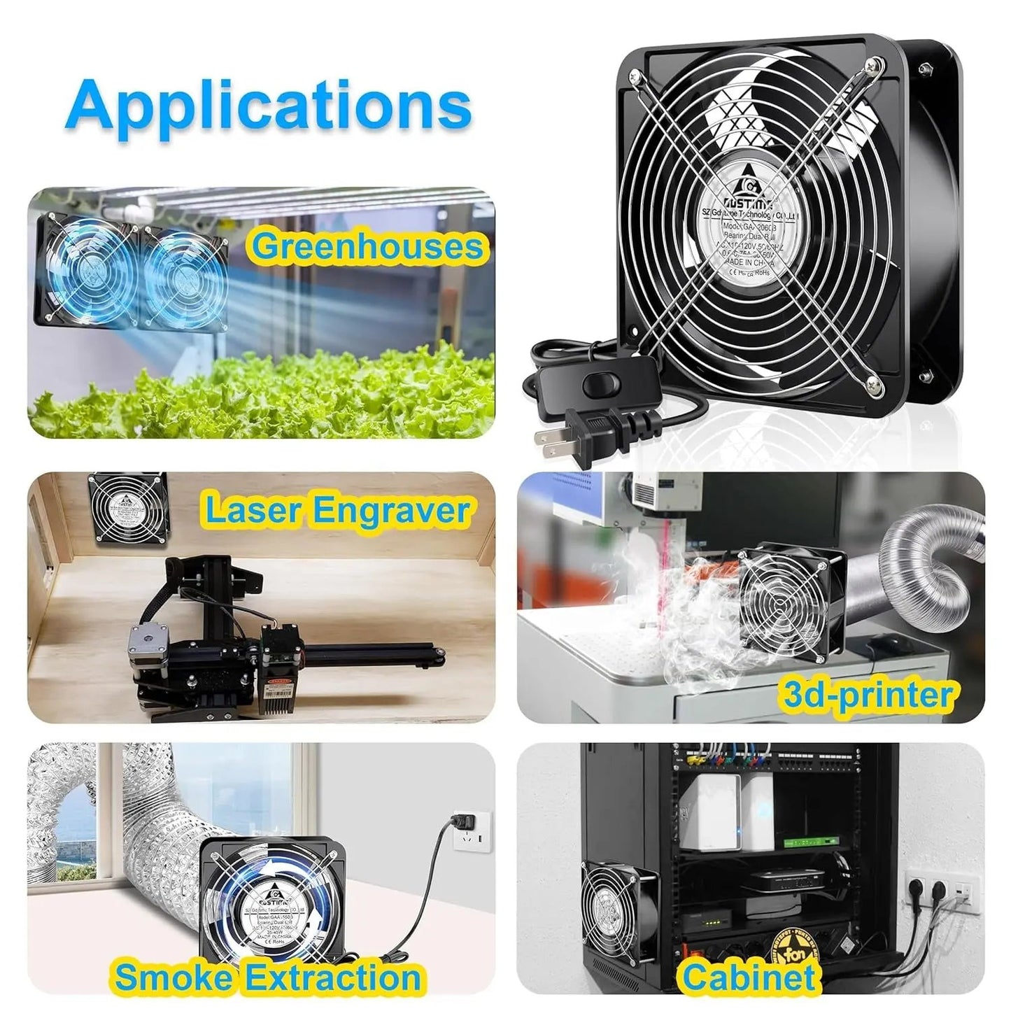 AXIAL Fan 20060, 110V 120V AC 200Mm X 200Mm X 60Mm Heavy Duty Industrial Fan, for DIY Cooling Ventilation Exhaust Projects