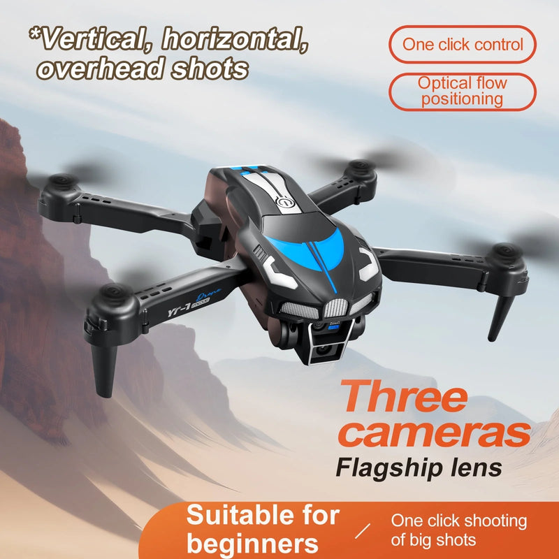 RC Drone with 4K Three Camera for Kids Adults, RC Quadcopter with LED, Path Planning, 2 Batteries, Carrying Case, Blue