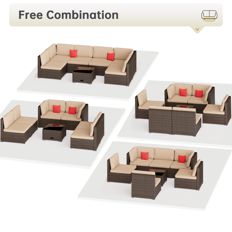7 Piece Patio Furniture Set, Outdoor Furniture Patio Sectional Sofa, All Weather PE Rattan Outdoor Sectional with Cushion and Coffee Table.