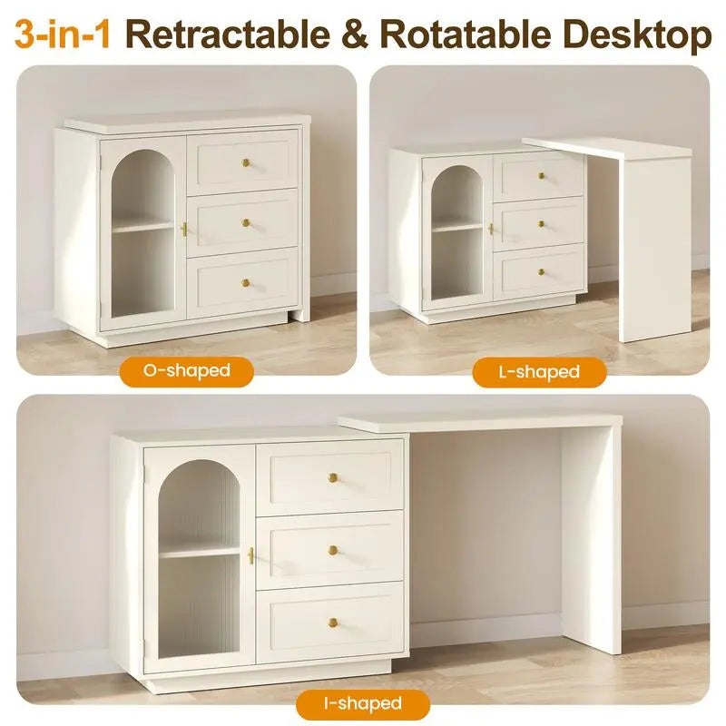 Royalcraft Makeup Vanity Desk, Extendable Corner Vanity Makeup Table with 3 Drawers, Modern Dressing Table for Bedroom, Cream White Makeup Vanity without Mirror