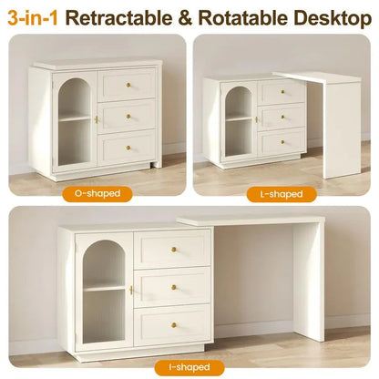 Royalcraft Makeup Vanity Desk, Extendable Corner Vanity Makeup Table with 3 Drawers, Modern Dressing Table for Bedroom, Cream White Makeup Vanity without Mirror