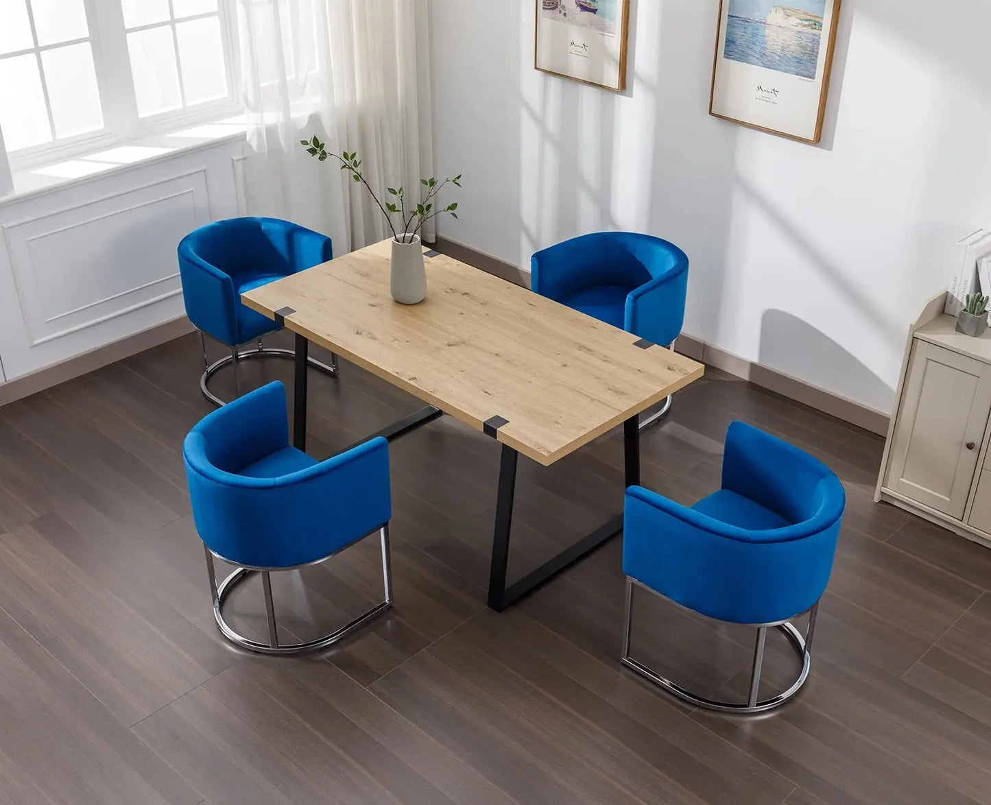 Modern Velvet Dining Chair, Mid-Century Upholstered Barrel Kitchen Chairs Fabric Side Chair with Metal Legs and Curved Back for Living Room Dining Room Bedroom, Blue