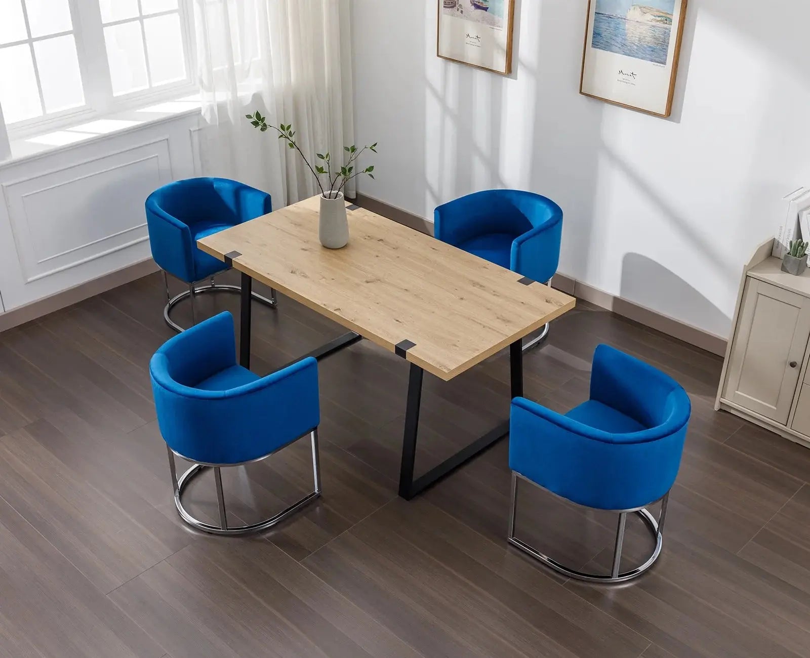 Modern Velvet Dining Chair, Mid-Century Upholstered Barrel Kitchen Chairs Fabric Side Chair with Metal Legs and Curved Back for Living Room Dining Room Bedroom, Blue