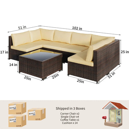 Patio Furniture Set 7-Piece Outdoor Seating Sofa Set with Glass Coffee Table, Beige