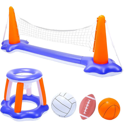Inflatable Pool Toys, 2-In-1 Swimming Pool Basketball &amp; Volleyball Sets, Floating Basketball Hoop and Water Football, Summer Pool Game for Kids and Adults