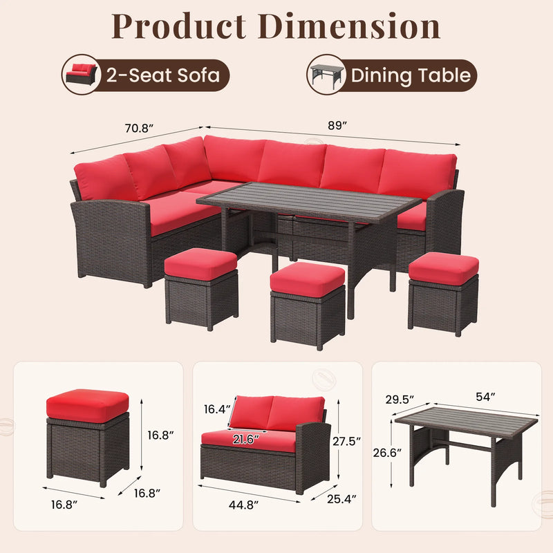 7 Piece Patio Conversation Set, Outdoor Sectional Sofa Rattan Wicker Dining Furniture, Red