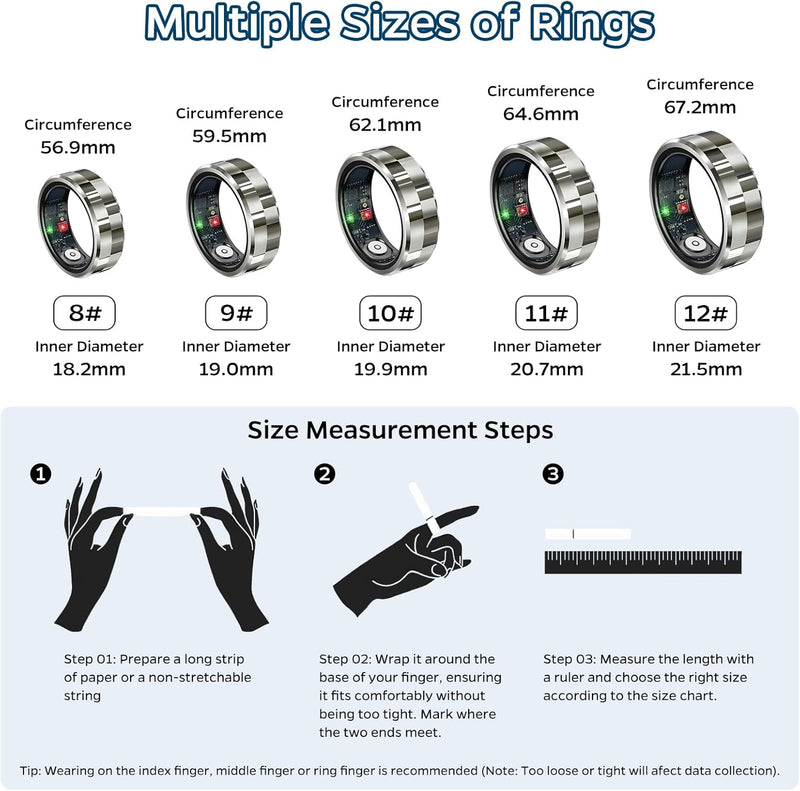 Smart Ring Health Tracker, Sleep Tracker Ring with Heart Rate, Waterproof Fitness Ring for Activity Monitoring/Steps/Distance/Calories,Air Gestures,Up to 7Day Battery,For Ios Android(Stylish Silver