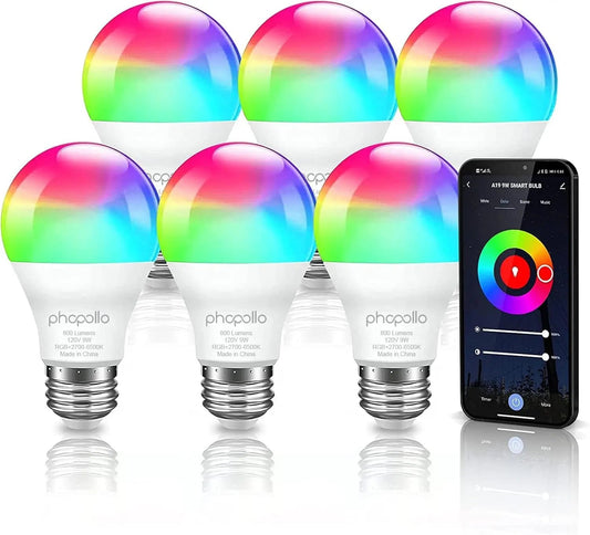 Smart RGBCW WiFi LED Light Bulbs, Compatible with Alexa & Google Home, A19 E26 9W (60W Equivalent) 800 Lumen, App-Controlled, No Hub Required, Pack of 6