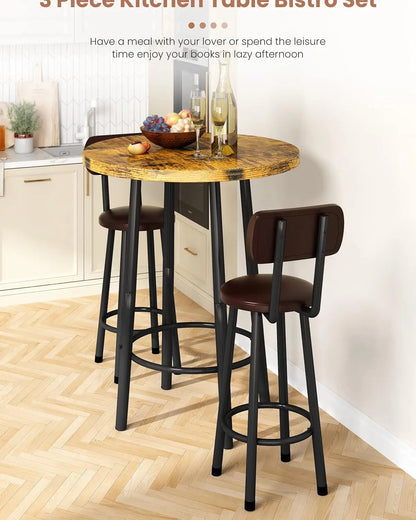 3 Piece Pub Dining Set, Modern Bar Table and Stools for 2 Kitchen Counter Height Wood Top Bistro Easy Assemble for Breakfast Nook Living Room Small Space Restaurant, Rustic Brown
