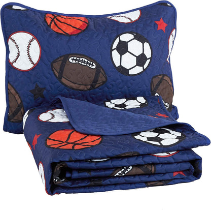 Blue Twin Quilt Set, Football Baseball Print Quilt Set Basketball Sports Soccer Fan Theme Bedspread for Twin Bed Quilted with Pillow Sham(Football, Twin)