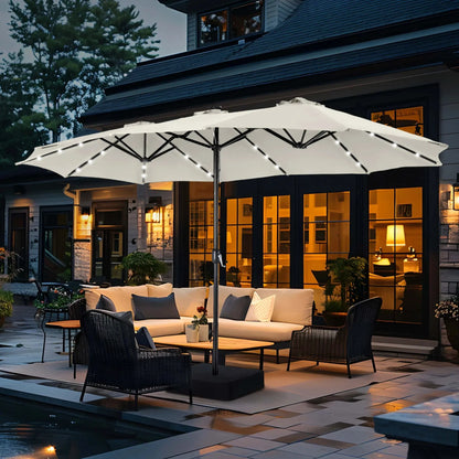 15Ft Double-Sided Solar Patio Umbrella with Base (Included) Large Outdoor Umbrella with Solar Lights - Ivory