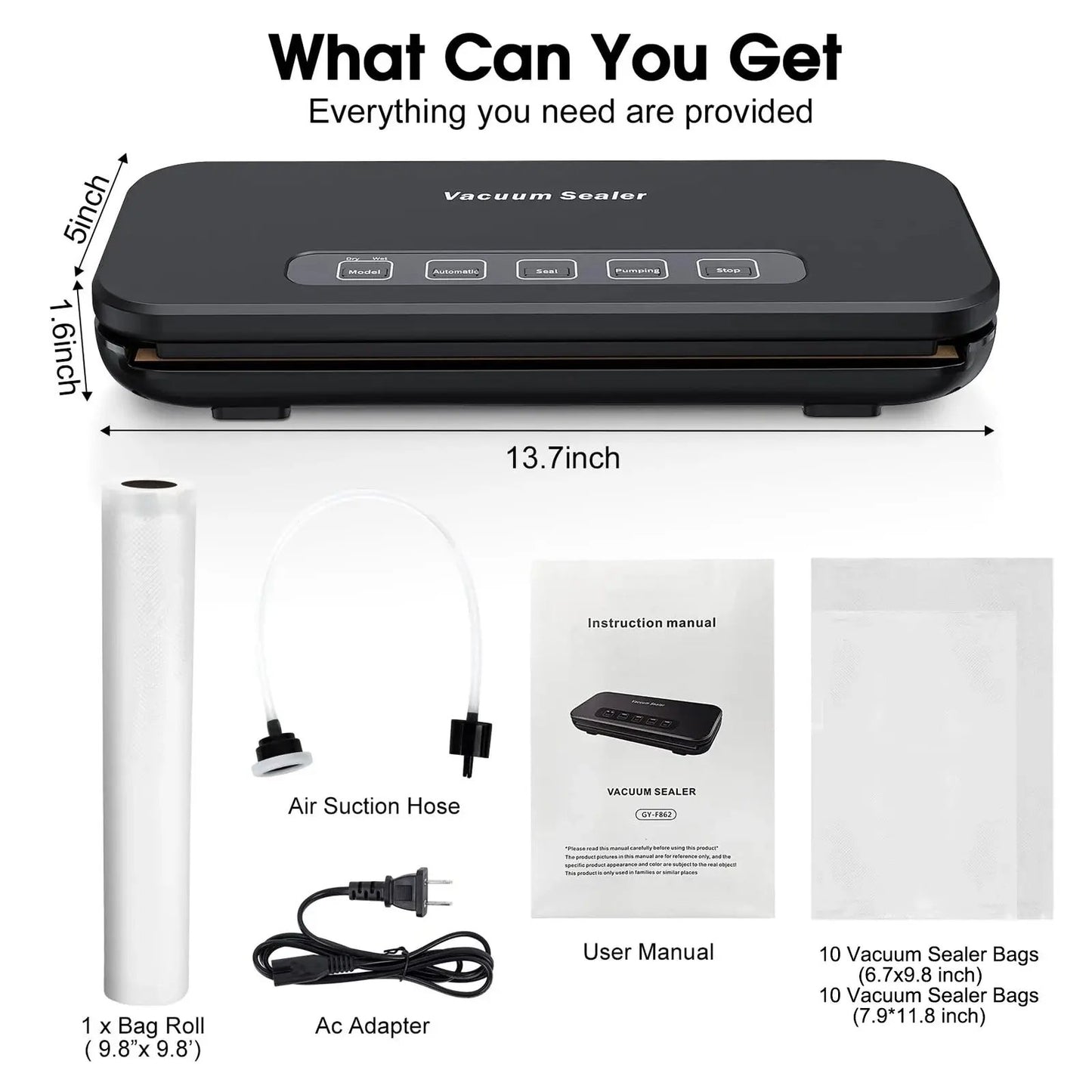 Automatic Vacuum Sealer Machine, 85 Kpa Vacuum Sealer for Food Storage, External Vacuum Sealable Canisters, Dry & Wet Mode, with 20 Bags and a Roll Bag