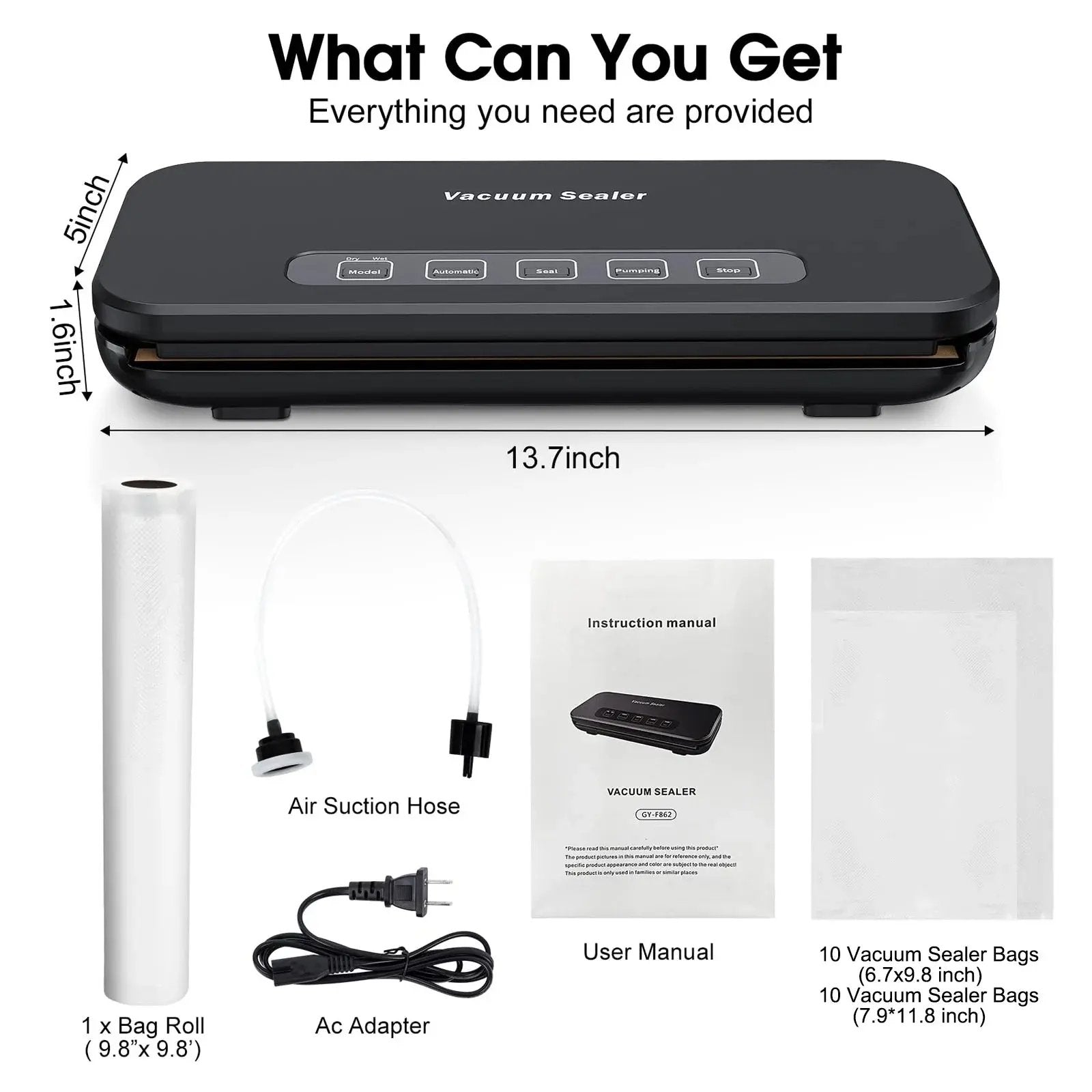 Automatic Vacuum Sealer Machine, 85 Kpa Vacuum Sealer for Food Storage, External Vacuum Sealable Canisters, Dry & Wet Mode, with 20 Bags and a Roll Bag