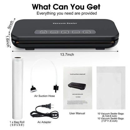 Automatic Vacuum Sealer Machine, 85 Kpa Vacuum Sealer for Food Storage, External Vacuum Sealable Canisters, Dry & Wet Mode, with 20 Bags and a Roll Bag