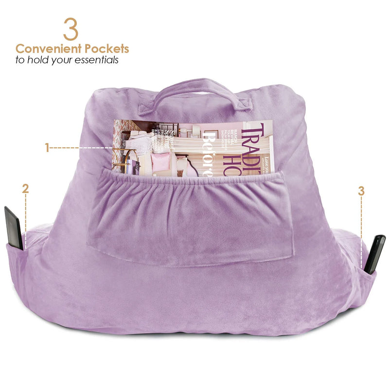 Bedrest Reading Pillow with Arms and Pockets-Shredded Memory Foam, Medium, Light Purple
