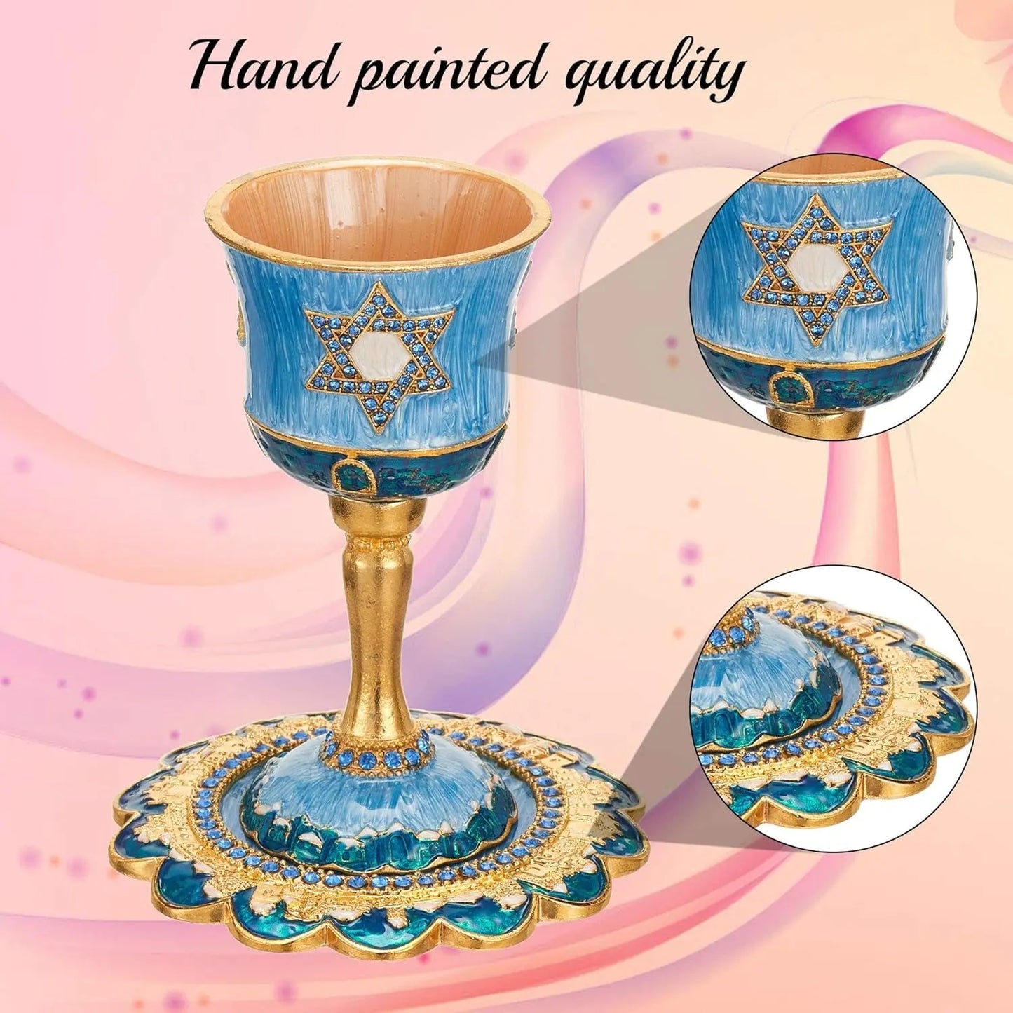 Hand-Painted Enamel Tall 5&quot; Kiddush Cup Set W/Stem &amp; Tray Embellished W/Crystals and Star of David Design for Weddings Shabbat Havdalah Passover Goblet Judaica Gift Cup