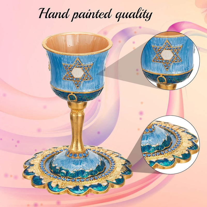 Hand-Painted Enamel Tall 5" Kiddush Cup Set W/Stem & Tray Embellished W/Crystals and Star of David Design for Weddings Shabbat Havdalah Passover Goblet Judaica Gift Cup