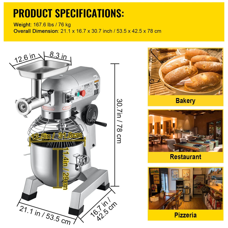 Professional 20Qt Commercial Electric Stand Mixer with 3 Speed Options and Meat Grinding Function