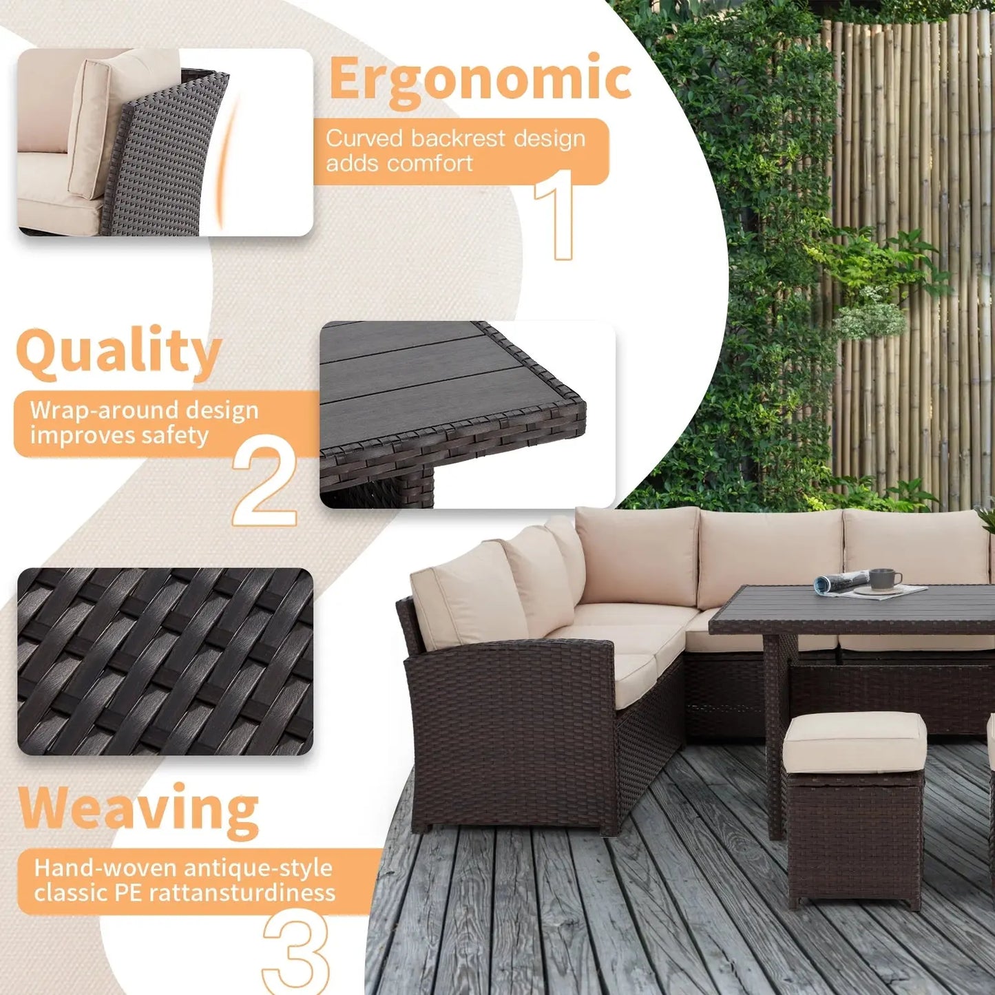 Transform Your Outdoor Experience with the Elegant 7 Piece Patio Conversation Set – Luxurious Beige Rattan Wicker Dining Furniture!