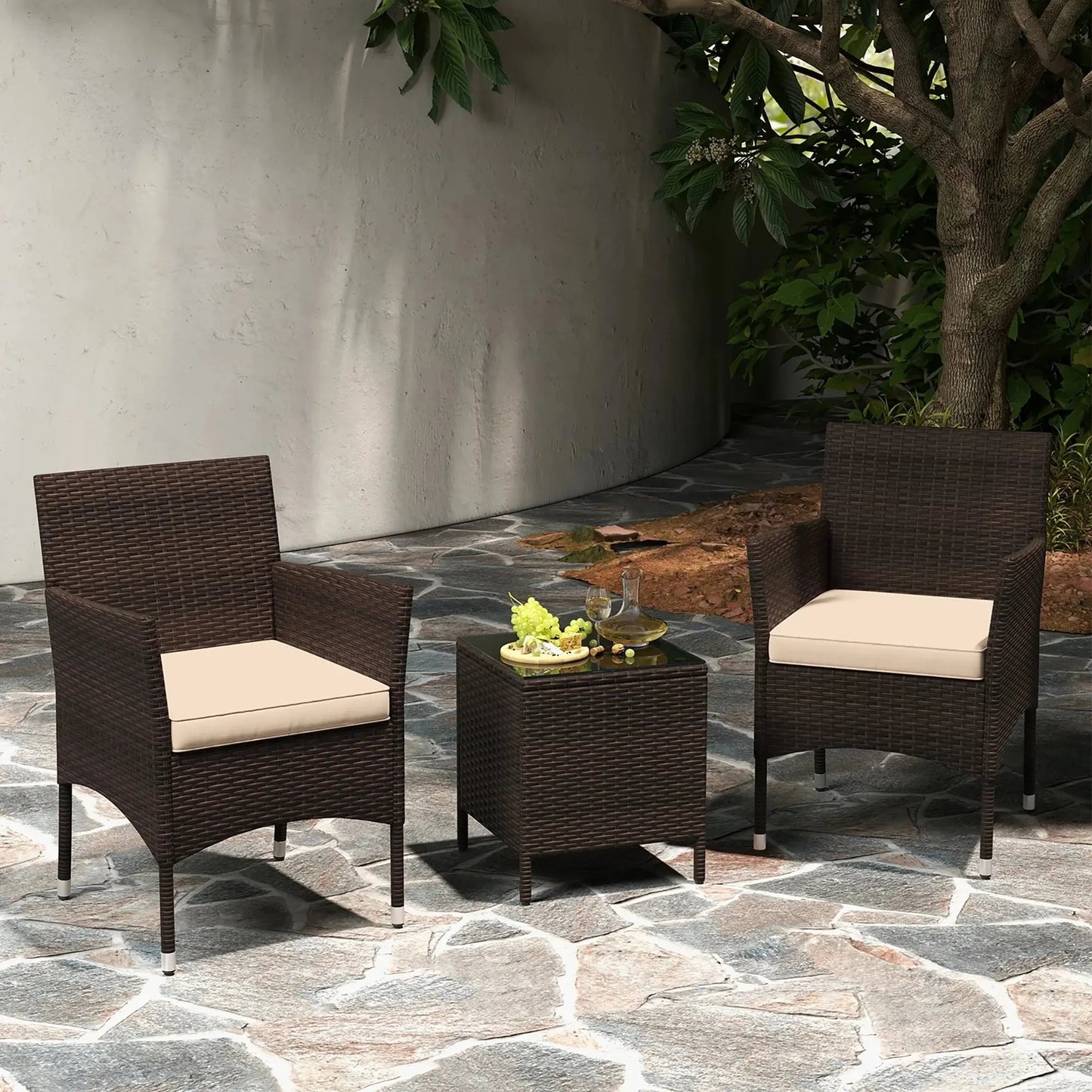 Stylish 3-Piece Outdoor Conversation Set with Cushioned Seats & Durable Tempered Glass Tabletop
