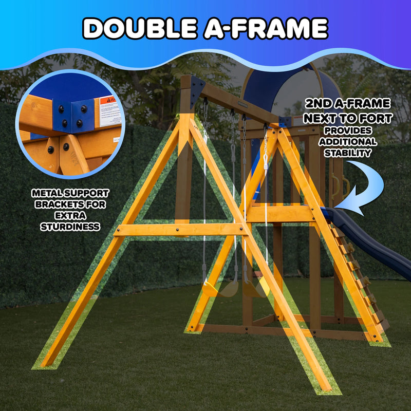 Amelia Wooden Swing Set with 2-Person Saucer Swing, 6' Slide & Play Fort - Heavy Duty & Lifetime Warranty!