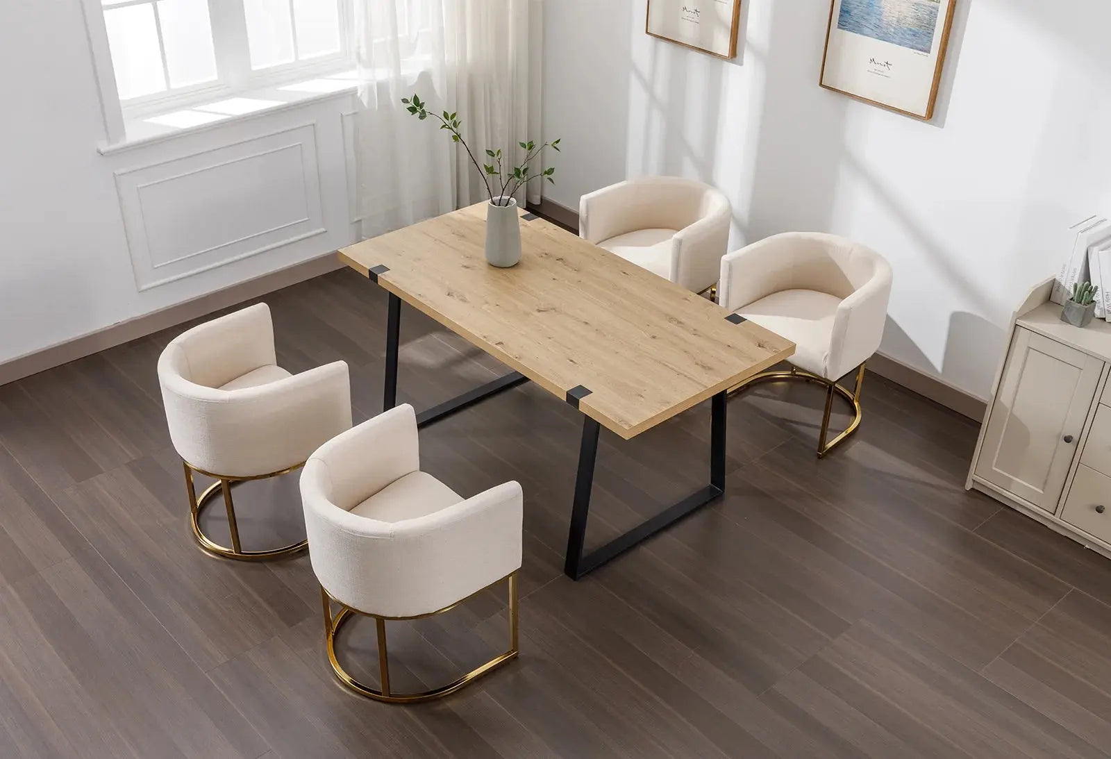 Modern Linen Dining Chair, Mid-Century Upholstered Barrel Kitchen Chairs Fabric Side Chair with Metal Legs and Curved Back for Living Room Dining Room Bedroom, Cream